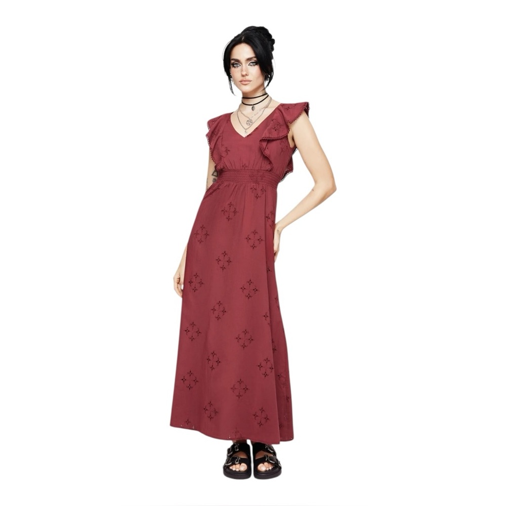 Disturbia Broderie Cotton V-Neck Frill Eyelet Dark Romance Goth Maxi Dress